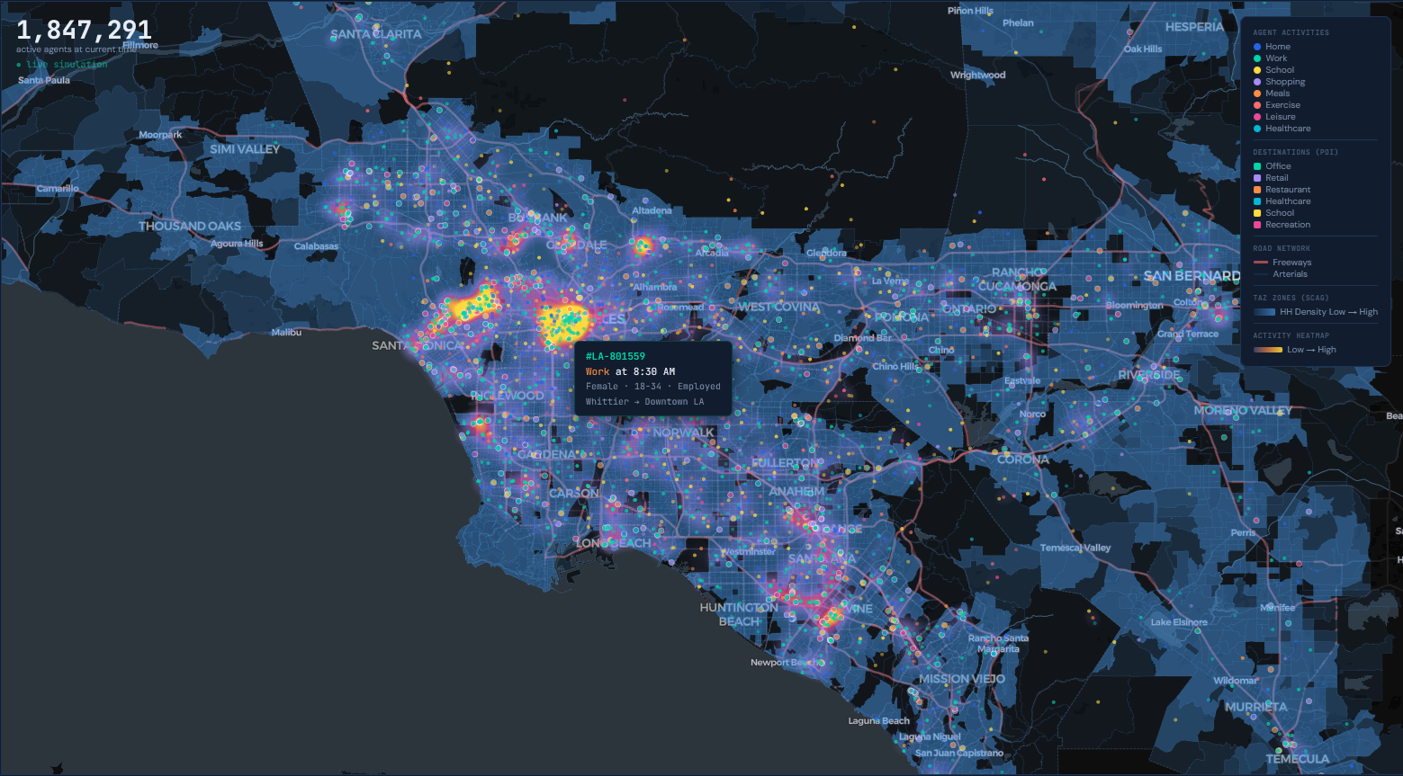 SCAG region synthetic population heatmap showing agent distribution across Los Angeles area TAZ zones